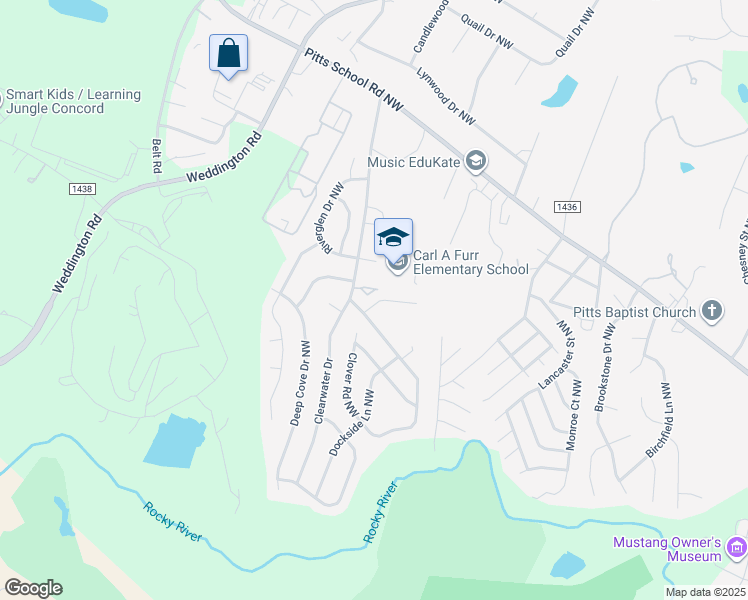map of restaurants, bars, coffee shops, grocery stores, and more near 2785 Clover Road Northwest in Concord