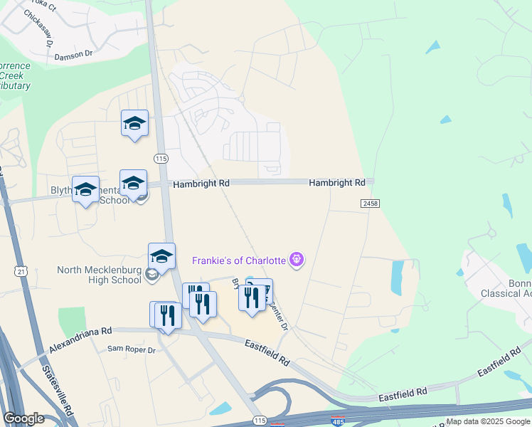 map of restaurants, bars, coffee shops, grocery stores, and more near Hambright Road in Huntersville