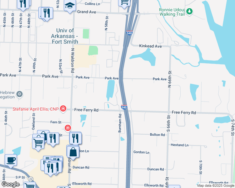 map of restaurants, bars, coffee shops, grocery stores, and more near 5701 Free Ferry Road in Fort Smith