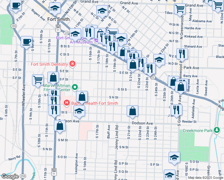 map of restaurants, bars, coffee shops, grocery stores, and more near 800 South 19th Street in Fort Smith