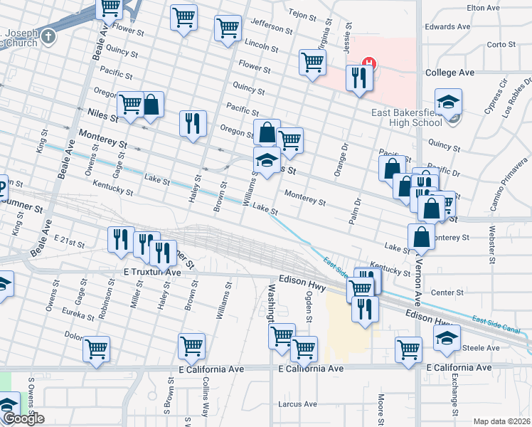 map of restaurants, bars, coffee shops, grocery stores, and more near 1631 Lake Street in Bakersfield