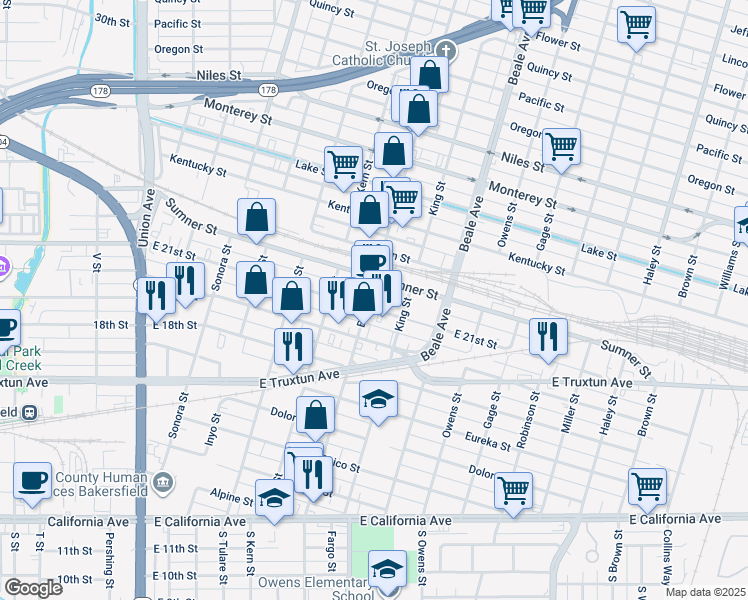 map of restaurants, bars, coffee shops, grocery stores, and more near 805 Baker Street in Bakersfield