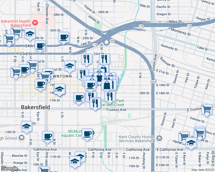 map of restaurants, bars, coffee shops, grocery stores, and more near 701 19th Street in Bakersfield