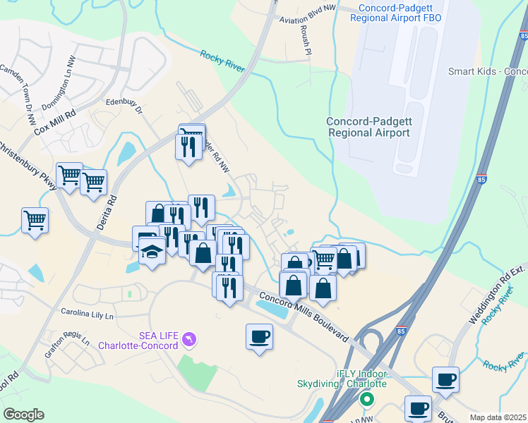 map of restaurants, bars, coffee shops, grocery stores, and more near 214 Hydrangea Circle Northwest in Concord