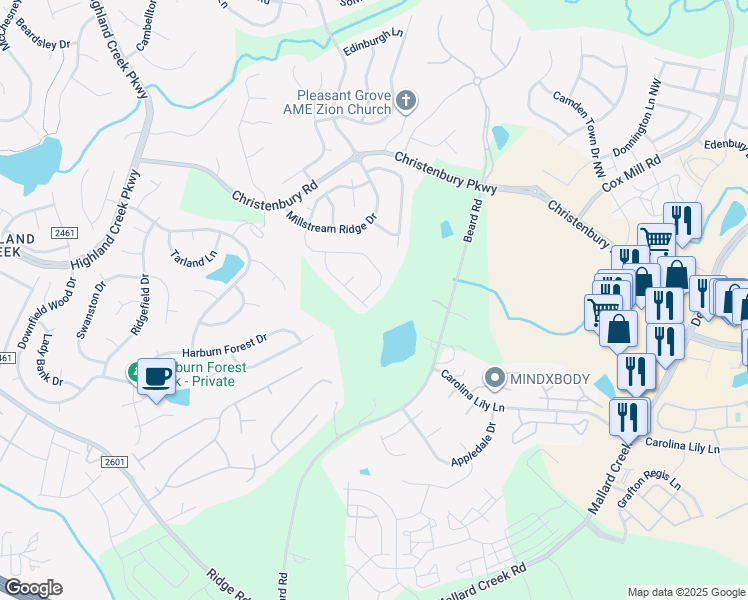 map of restaurants, bars, coffee shops, grocery stores, and more near 10525 Dominion Village Drive in Charlotte