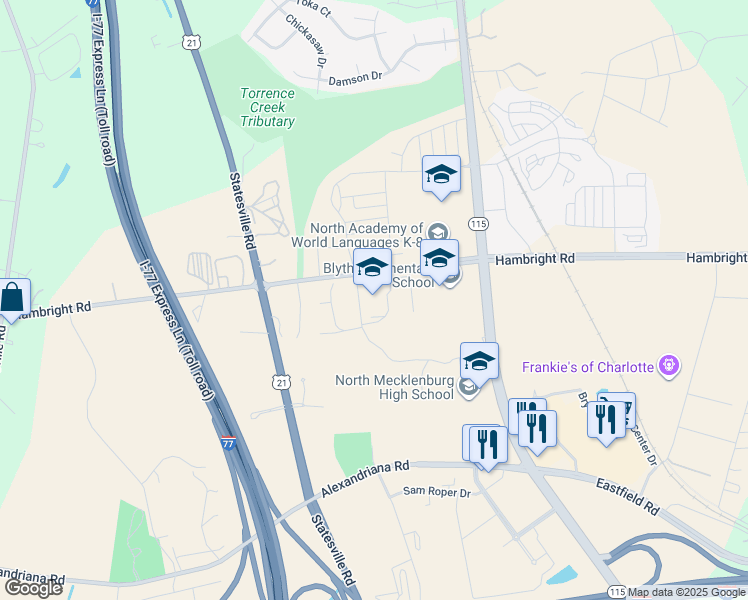 map of restaurants, bars, coffee shops, grocery stores, and more near 12010 Hambright Road in Huntersville