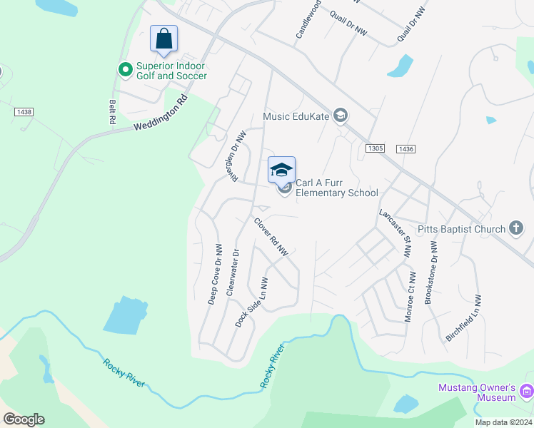 map of restaurants, bars, coffee shops, grocery stores, and more near 2785 Clover Road Northwest in Concord