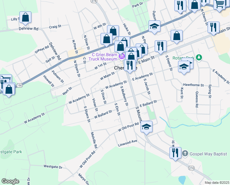 map of restaurants, bars, coffee shops, grocery stores, and more near 205 South Elm Street in Cherryville