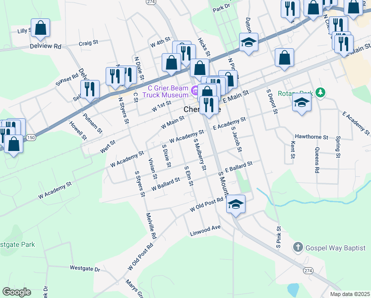 map of restaurants, bars, coffee shops, grocery stores, and more near 205 South Elm Street in Cherryville
