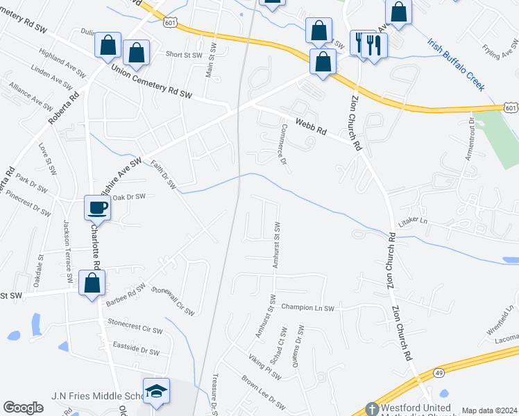map of restaurants, bars, coffee shops, grocery stores, and more near 541 Pullman Street Southwest in Concord