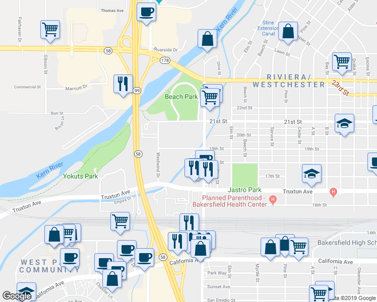 map of restaurants, bars, coffee shops, grocery stores, and more near 3315 19th Street in Bakersfield