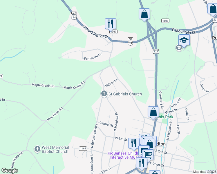 map of restaurants, bars, coffee shops, grocery stores, and more near 153 Wilson Street in Rutherfordton