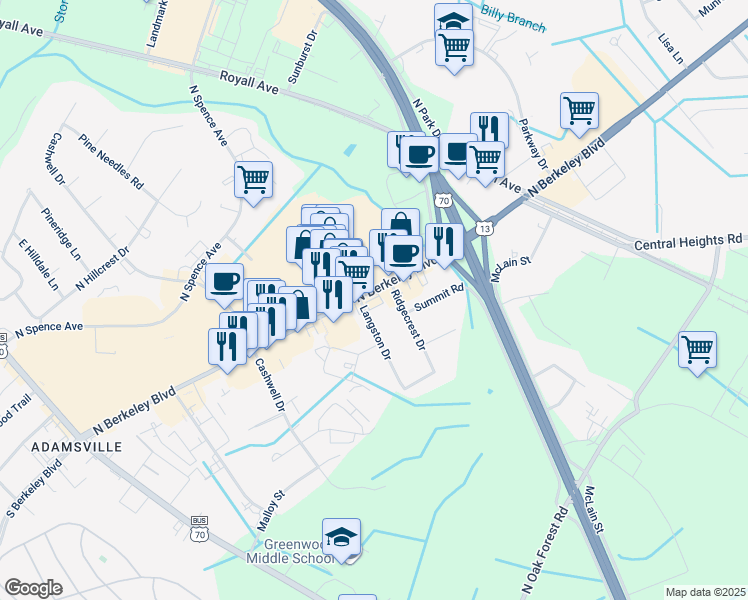 map of restaurants, bars, coffee shops, grocery stores, and more near 702 North Berkeley Boulevard in Goldsboro