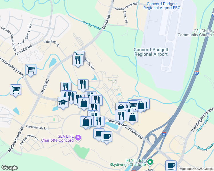 map of restaurants, bars, coffee shops, grocery stores, and more near 420 Blue Sky Drive in Concord