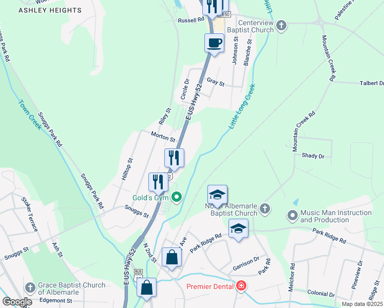 map of restaurants, bars, coffee shops, grocery stores, and more near 52 North Carolina 24 in Albemarle
