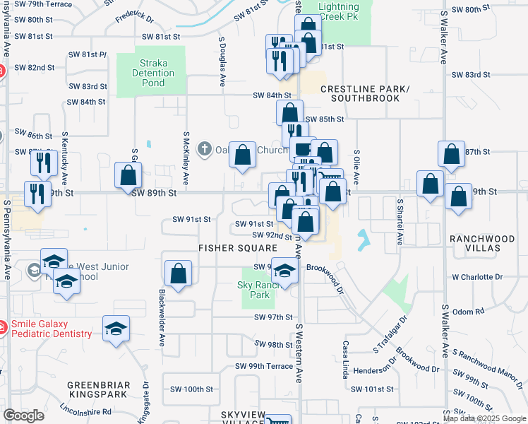 map of restaurants, bars, coffee shops, grocery stores, and more near 1002 Southwest 89th Street in Oklahoma City