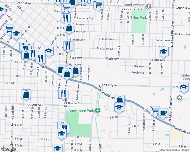 map of restaurants, bars, coffee shops, grocery stores, and more near 3014 Presley Street in Fort Smith