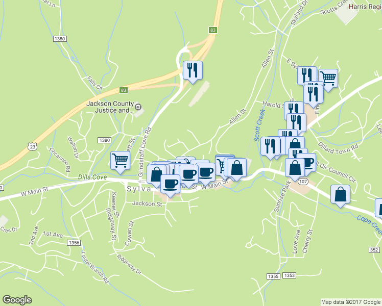 map of restaurants, bars, coffee shops, grocery stores, and more near 196 Allen Street in Sylva