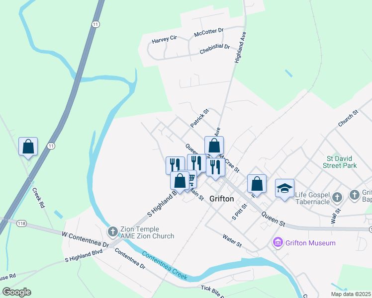 map of restaurants, bars, coffee shops, grocery stores, and more near 370 Queen Street in Grifton