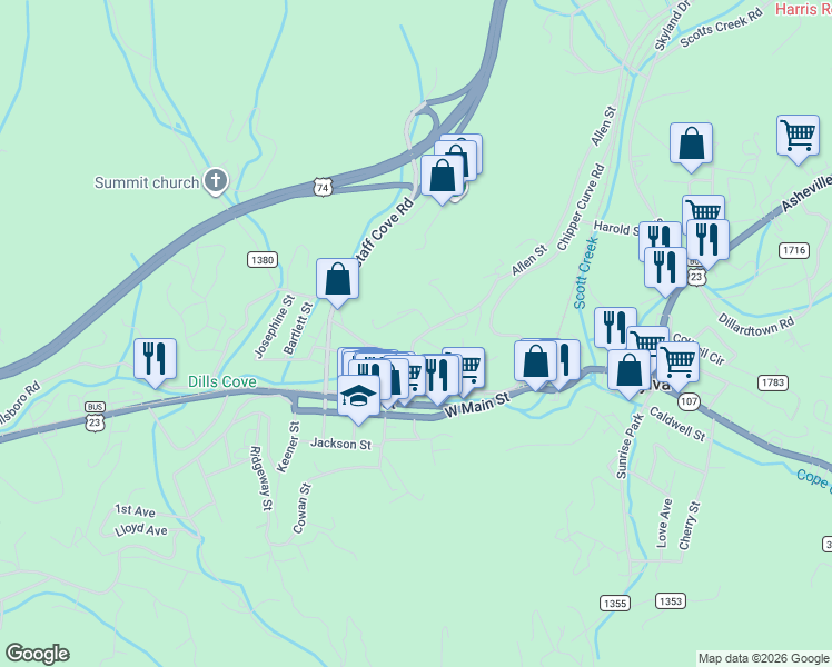 map of restaurants, bars, coffee shops, grocery stores, and more near 343 Municipal Drive in Sylva