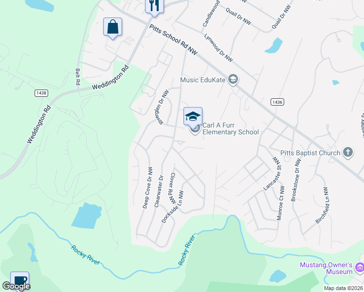 map of restaurants, bars, coffee shops, grocery stores, and more near 2785 Clover Road Northwest in Concord