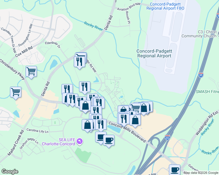 map of restaurants, bars, coffee shops, grocery stores, and more near 420 Blue Sky Drive in Concord