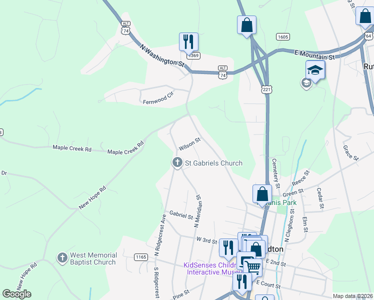 map of restaurants, bars, coffee shops, grocery stores, and more near 153 Wilson Street in Rutherfordton
