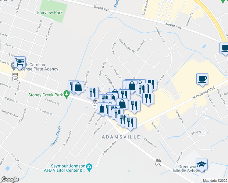 map of restaurants, bars, coffee shops, grocery stores, and more near 119 East Hilldale Lane in Goldsboro