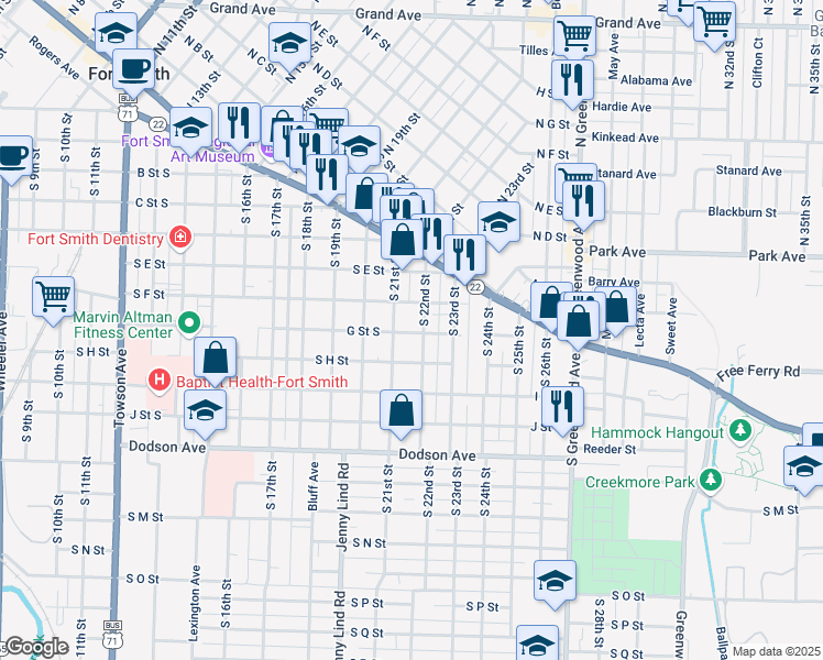 map of restaurants, bars, coffee shops, grocery stores, and more near 2111 G Street South in Fort Smith