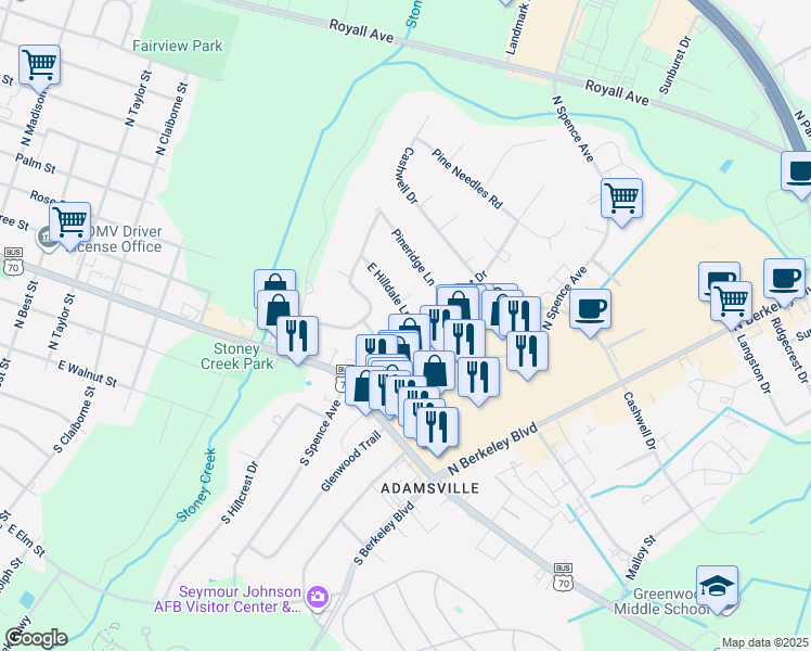 map of restaurants, bars, coffee shops, grocery stores, and more near 119 East Hilldale Lane in Goldsboro