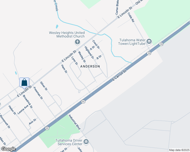 map of restaurants, bars, coffee shops, grocery stores, and more near 229 Wesley Street in Tullahoma