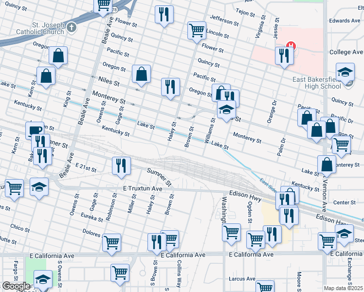 map of restaurants, bars, coffee shops, grocery stores, and more near 1420 Kentucky Street in Bakersfield