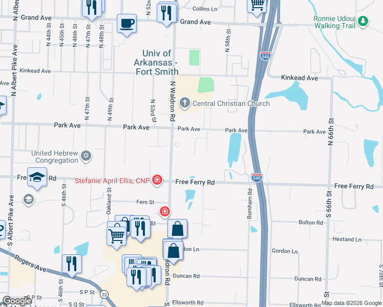 map of restaurants, bars, coffee shops, grocery stores, and more near 201 North 56th Street in Fort Smith