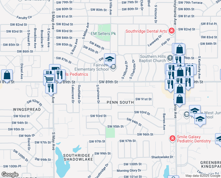 map of restaurants, bars, coffee shops, grocery stores, and more near 2500 Southwest 89th Street in Oklahoma City