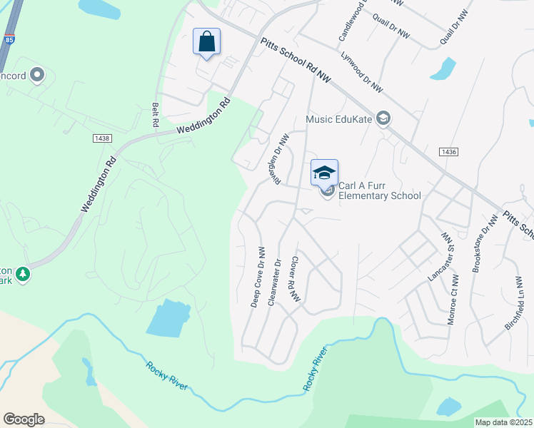map of restaurants, bars, coffee shops, grocery stores, and more near 443 Riverwalk Drive Northwest in Concord