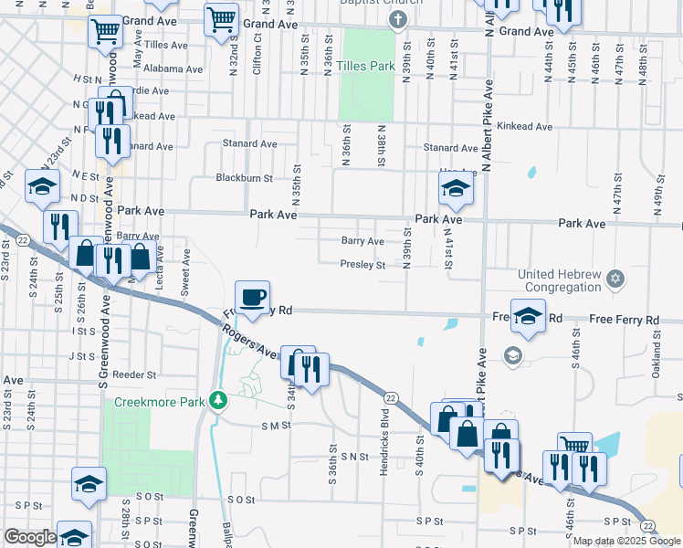 map of restaurants, bars, coffee shops, grocery stores, and more near 3600 Presley Avenue in Fort Smith