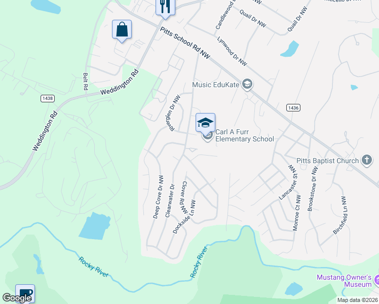 map of restaurants, bars, coffee shops, grocery stores, and more near 2785 Clover Road Northwest in Concord