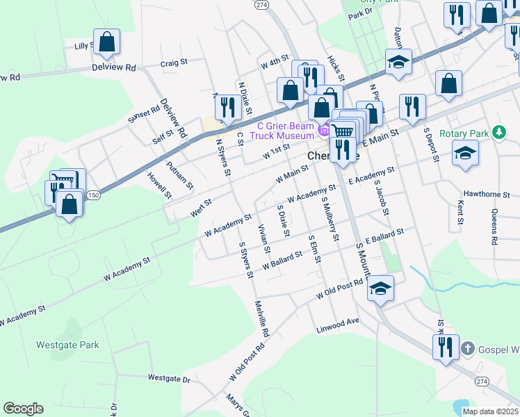 map of restaurants, bars, coffee shops, grocery stores, and more near 16 West Academy Street in Cherryville