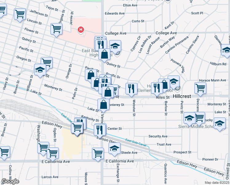 map of restaurants, bars, coffee shops, grocery stores, and more near 2324 Niles Street in Bakersfield