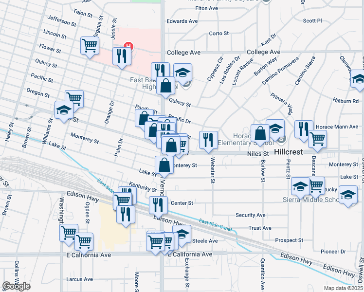 map of restaurants, bars, coffee shops, grocery stores, and more near 2324 Niles Street in Bakersfield