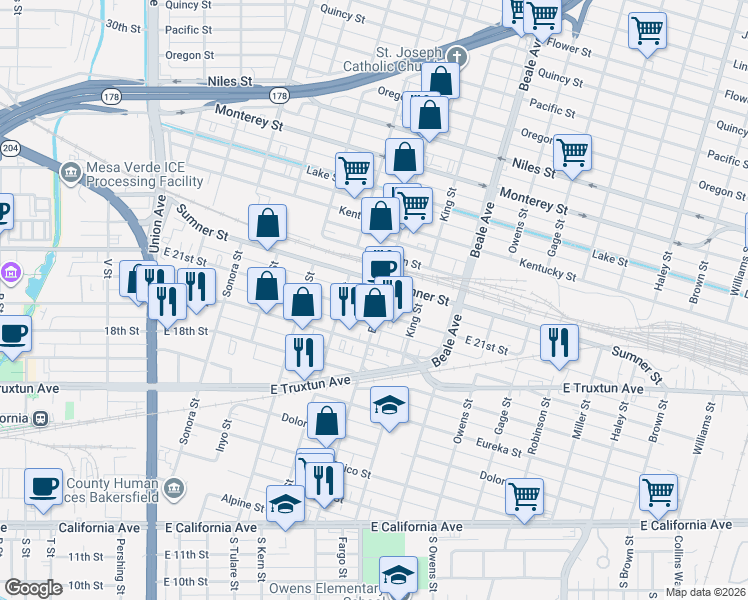 map of restaurants, bars, coffee shops, grocery stores, and more near 800 Baker Street in Bakersfield