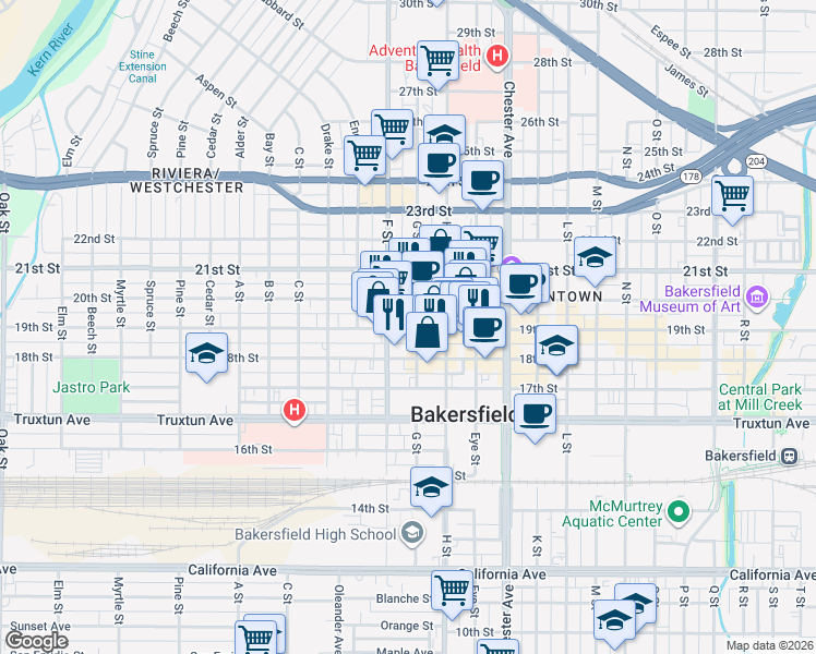 map of restaurants, bars, coffee shops, grocery stores, and more near 1721 19th Street in Bakersfield