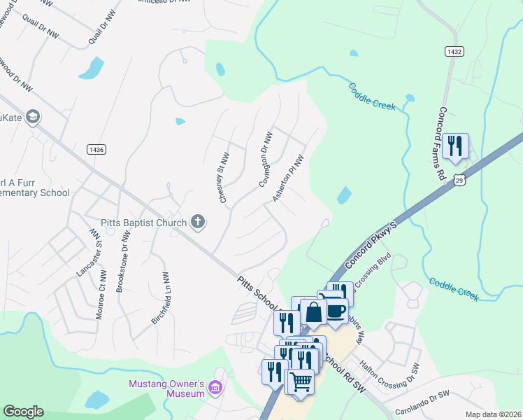 map of restaurants, bars, coffee shops, grocery stores, and more near 4836 Asherton Place Northwest in Concord