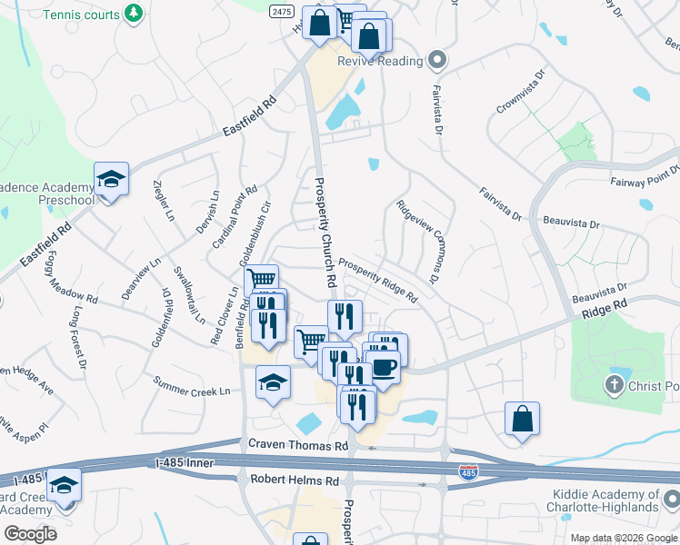 map of restaurants, bars, coffee shops, grocery stores, and more near 6154 Prosperity Church Road in Charlotte