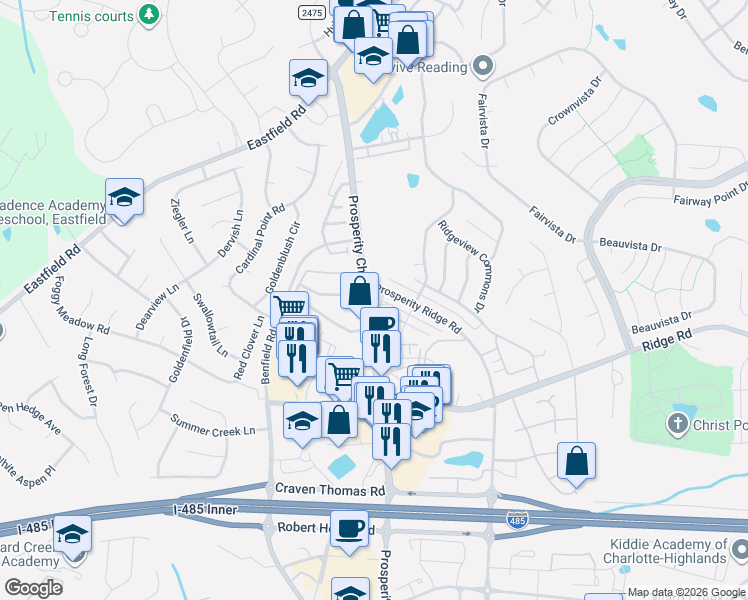 map of restaurants, bars, coffee shops, grocery stores, and more near 6154 Prosperity Church Road in Charlotte