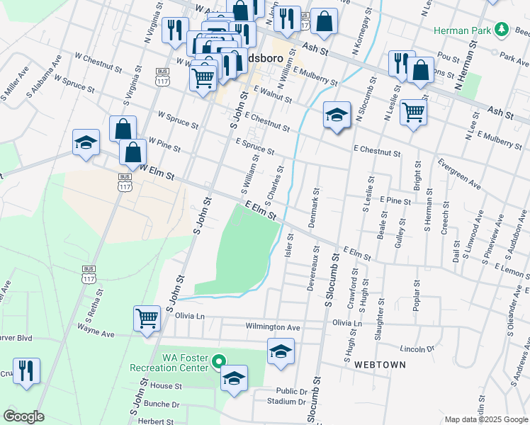 map of restaurants, bars, coffee shops, grocery stores, and more near 400 East Elm Street in Goldsboro