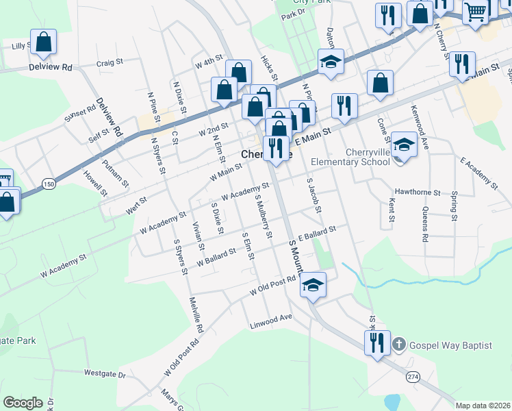 map of restaurants, bars, coffee shops, grocery stores, and more near 209 South Mulberry Street in Cherryville