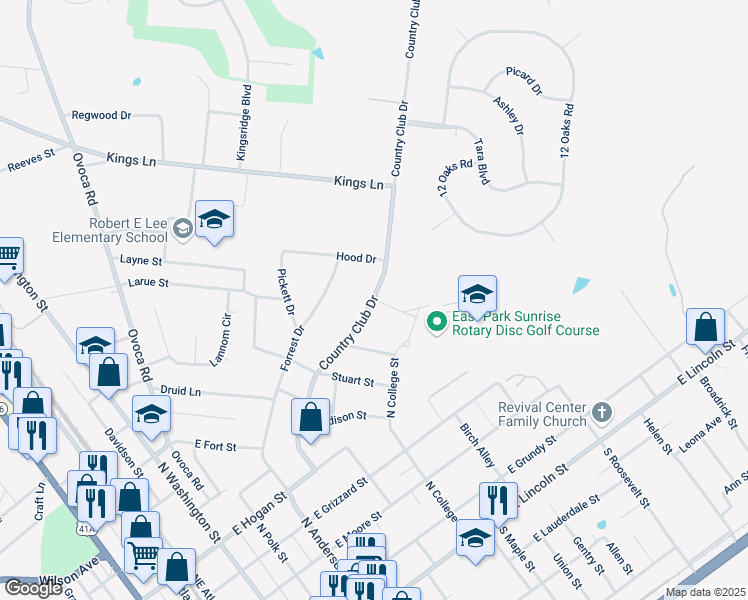 map of restaurants, bars, coffee shops, grocery stores, and more near 908 Country Club Drive in Tullahoma