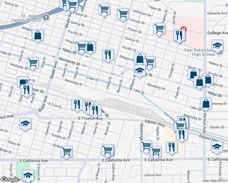map of restaurants, bars, coffee shops, grocery stores, and more near 2 Kentucky Street in Bakersfield