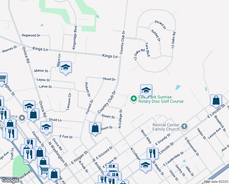 map of restaurants, bars, coffee shops, grocery stores, and more near 908 Country Club Drive in Tullahoma